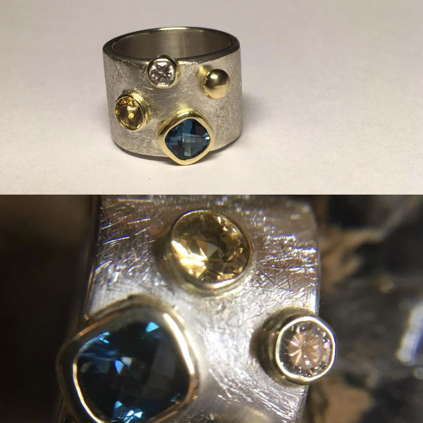 zilveren ring met goud en natuurlijke edelstenen