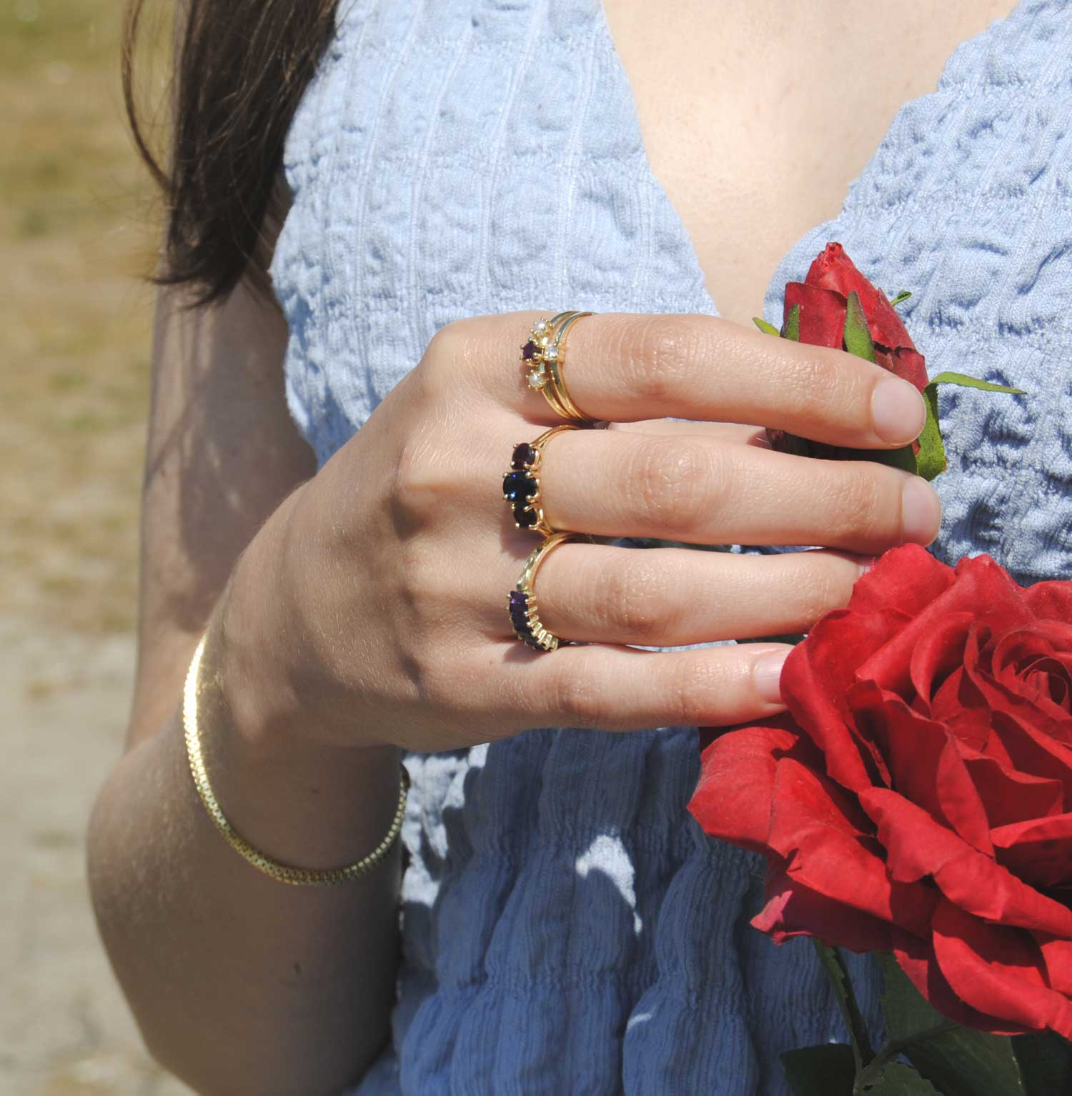 Geelgouden ring Georgia met Amethist Geelgouden ring Rio Gouden ring met Saffier en Granaat